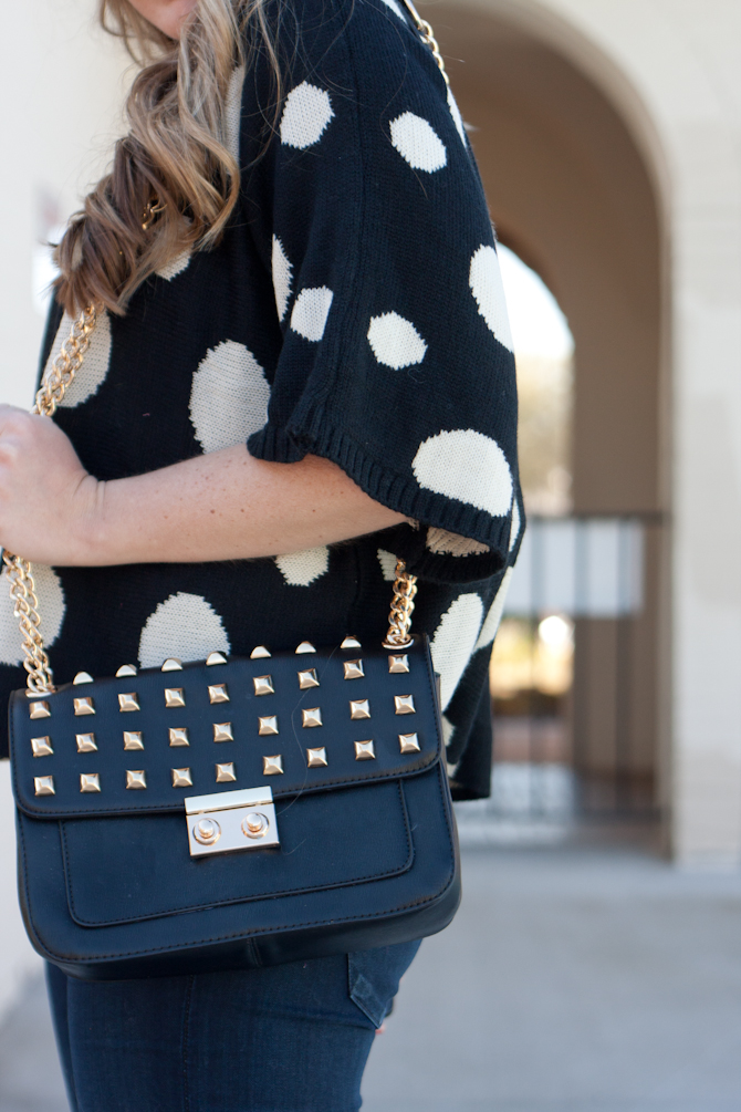 Black studded bag & Polka dot sweater