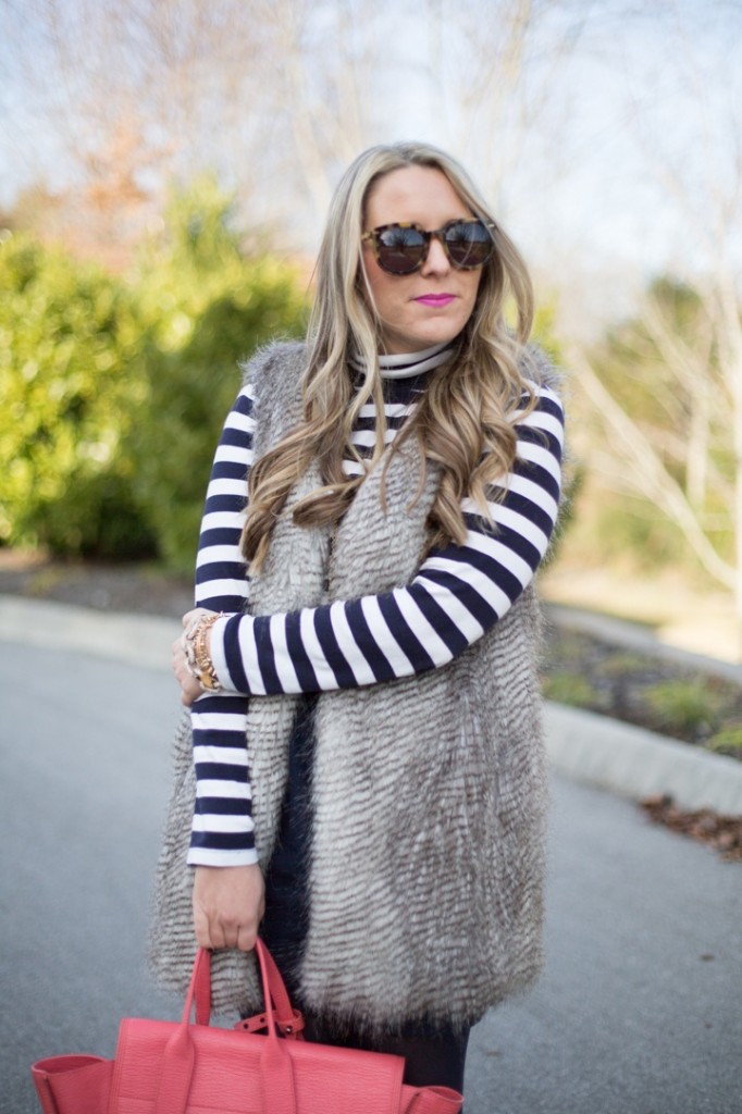 Faux Fur Vest + Navy Stripe Turtleneck