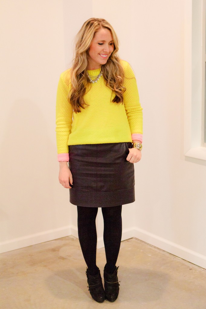 Forever 21 Yellow Sweater, Anthropologie faux leather skirt, Stella & Dot Sutton necklace and Norah cuff