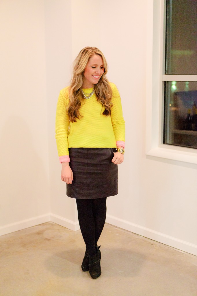 Forever 21 Yellow Sweater, Anthropologie faux leather skirt, Stella & Dot Sutton necklace and Norah cuff