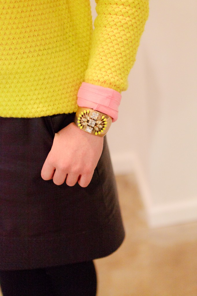 Yellow Sweater with Pink cuff and Stella & Dot Norah bracelet