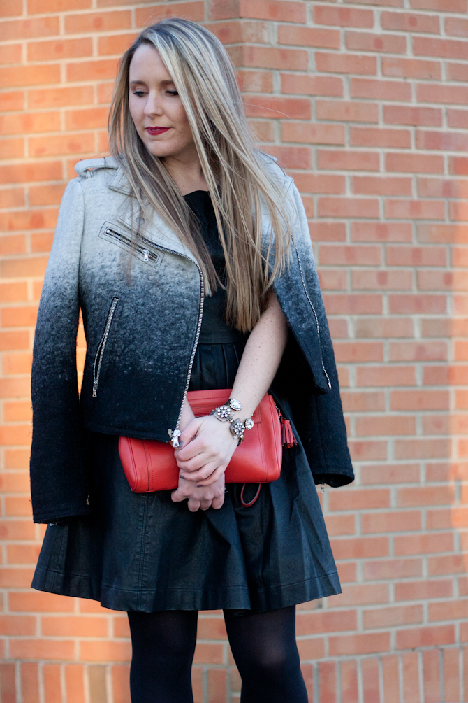 Faux leather dress with Gap Ombre Moto jacket