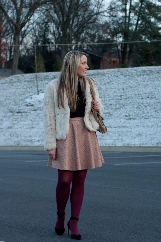 Anthropologie blush leather skirt, white vintage fur jacket and Shoemint heels