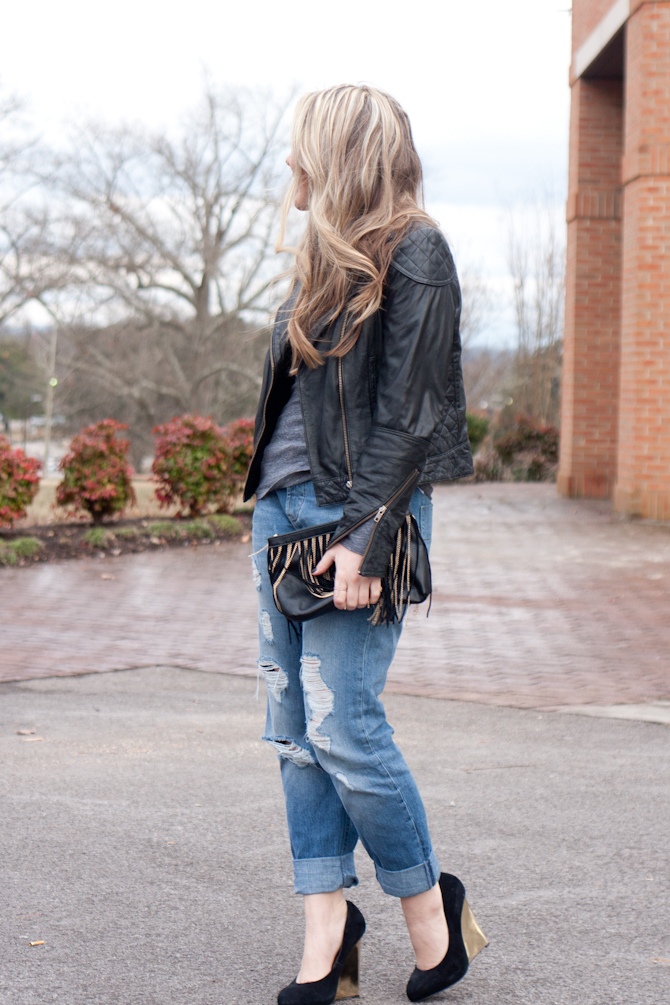 Boyfriend jeans and leather jacket