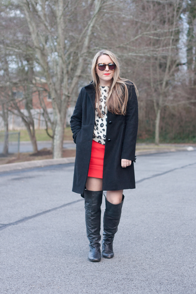 Leopard sweater, Red Mini skirt, black over the knee boots