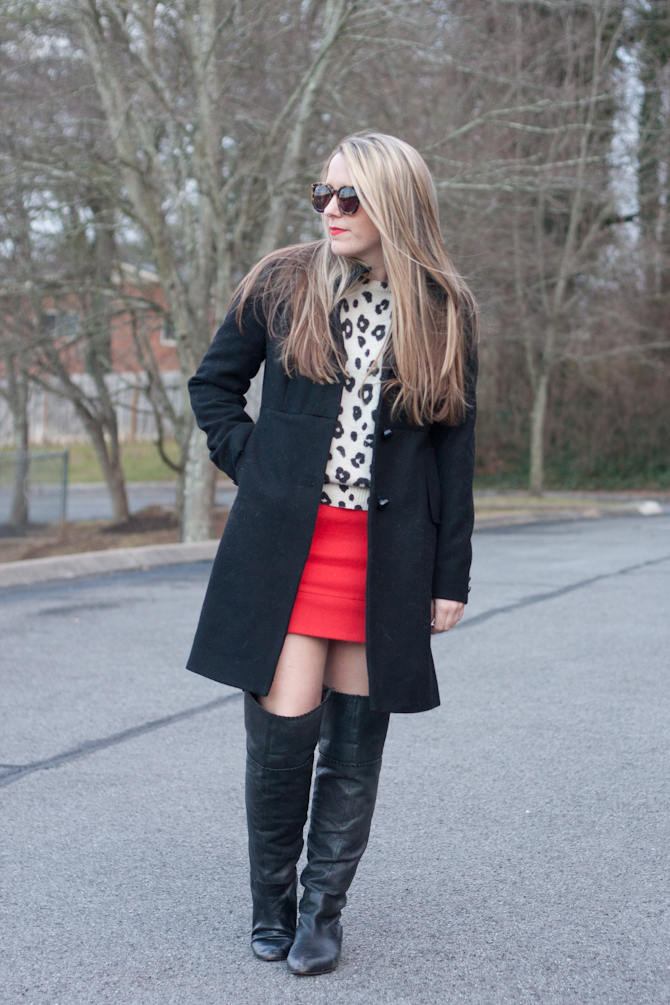 Leopard sweater and black J.Crew coat with Over the knee black boots