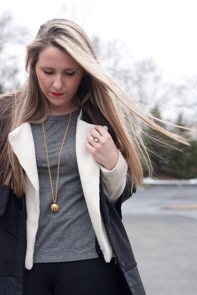 Layered jackets and gold jewelry