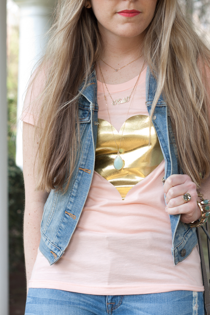 Old Navy denim vest & Pink tee with gold heart