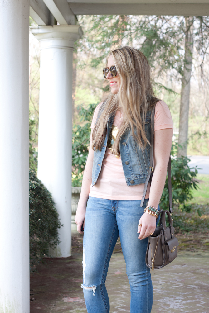 Double denim outfit with a pink tee