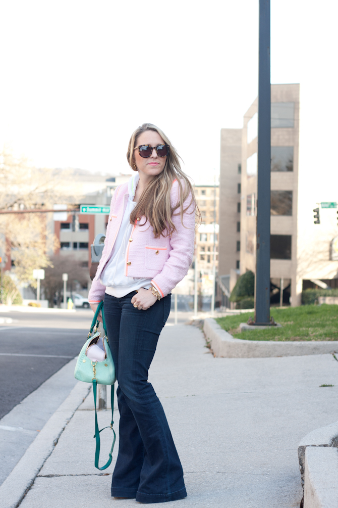Flare jeans, white hoodie, coral tweed jacket and mint purse