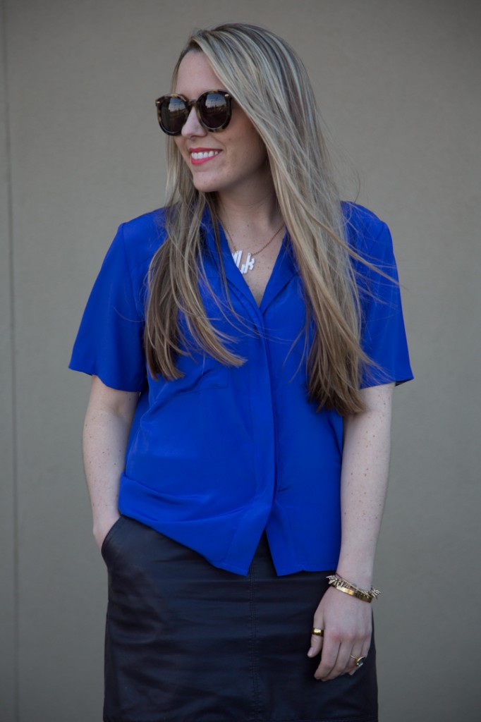 Cobalt blouse, white acrylic monogram necklace