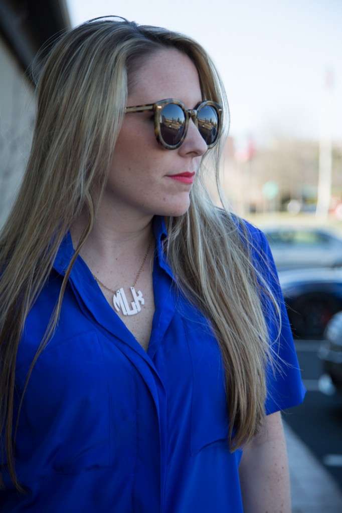 Pink Bubbly monogram necklace and Karen Walker sunglasses