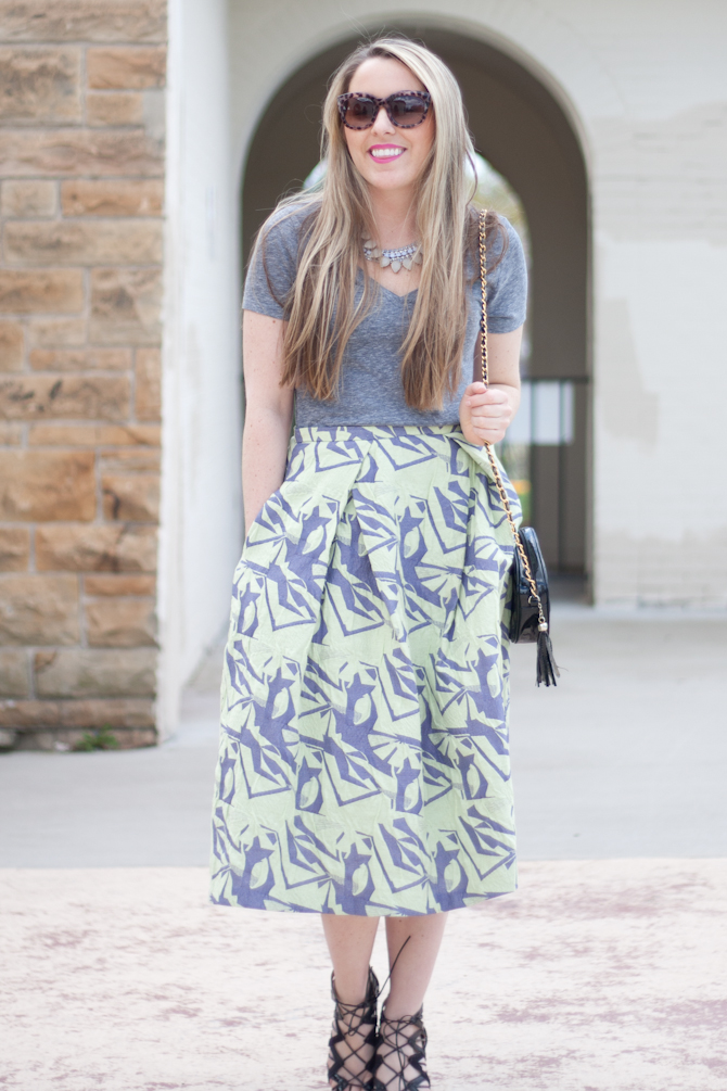 Midi Skirt, lace up heels and a tee