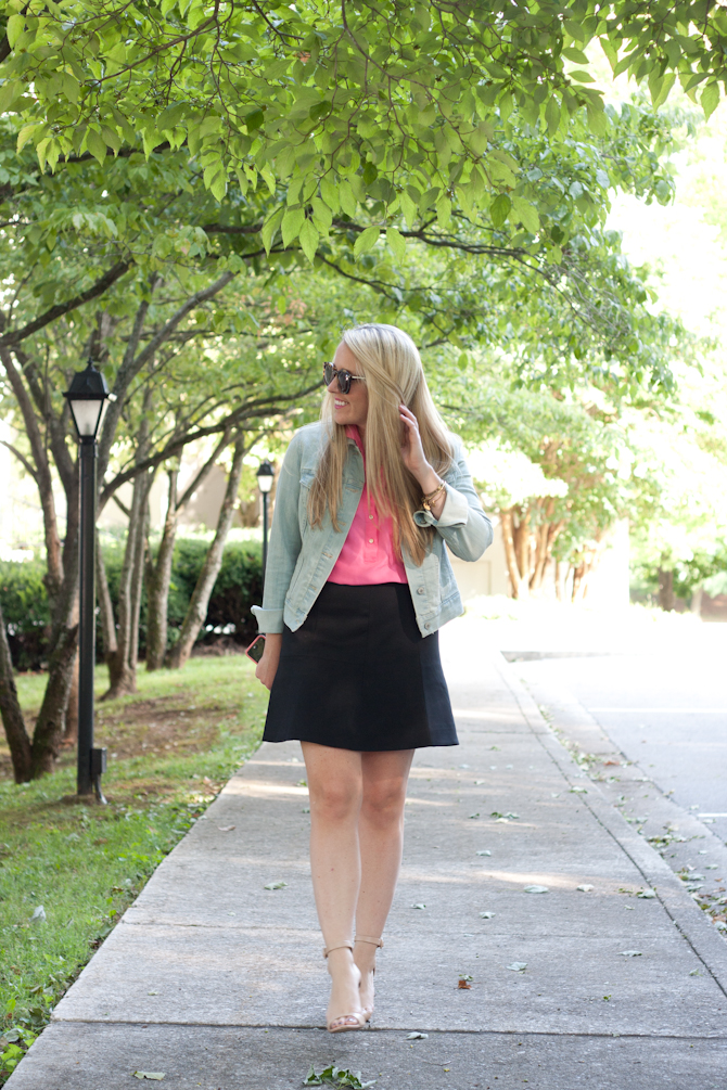 J.Crew fluted skirt & hot pink blouse