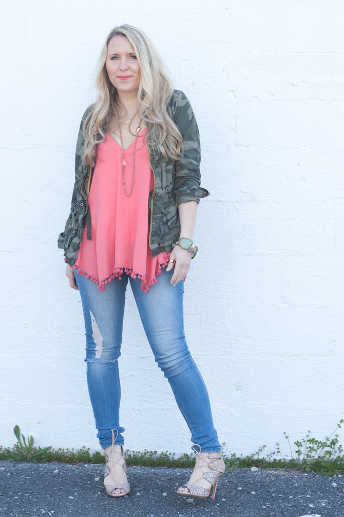 My Kind of Lovely Pom Top, Camo Jacket & Distressed Denim