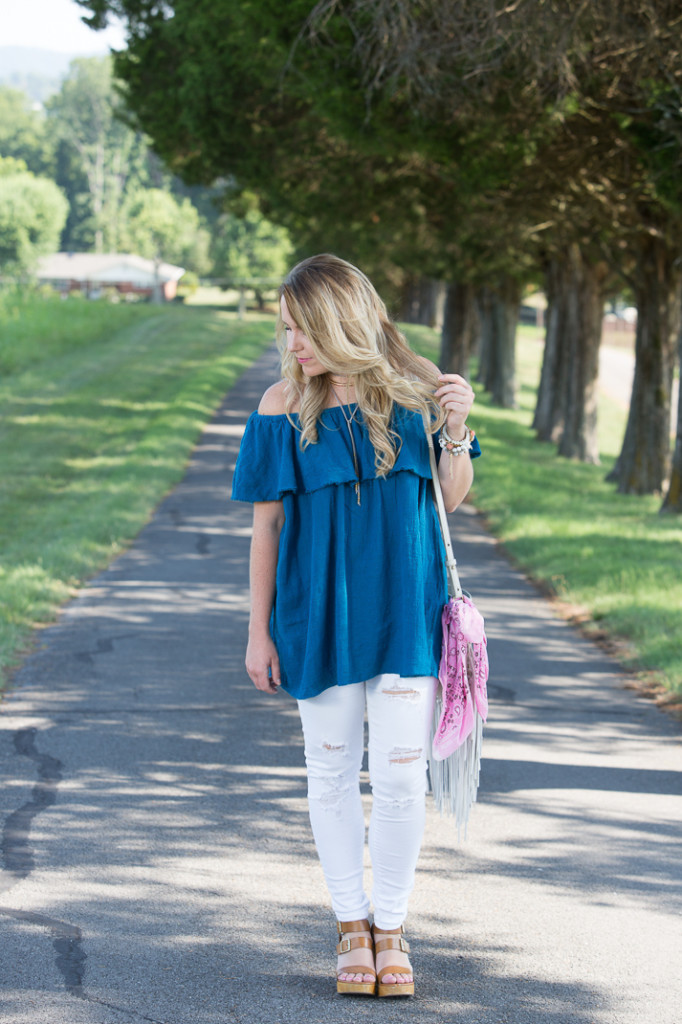 Lagoon Blue Off The Shoulder Ruffle Top