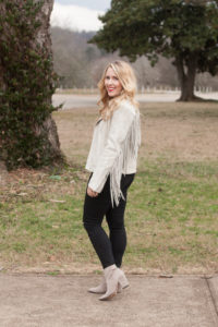 Black Rivet White Leather Fringe Jacket styled by top Nashville fashion blogger, Pearls and Twirls