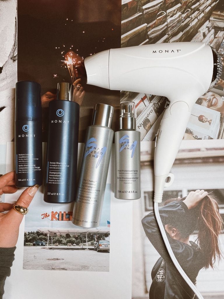 Monat Sale by popular beauty blog, Pearls and Twirls: image of Monat hair products and Monat hair dryer. 