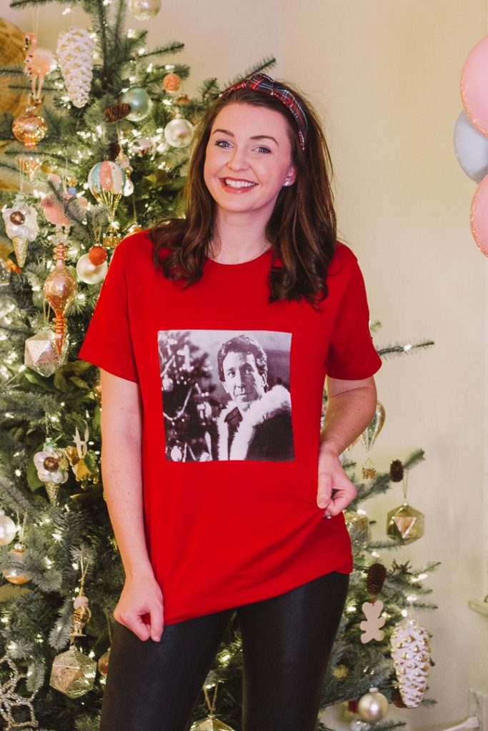 My Kind of Lovely by popular Nashville fashion blog, Pearls and Twirls: image of a woman standing in front of a Christmas tree and wearing a My Kind of Lovely Christmas tee. 